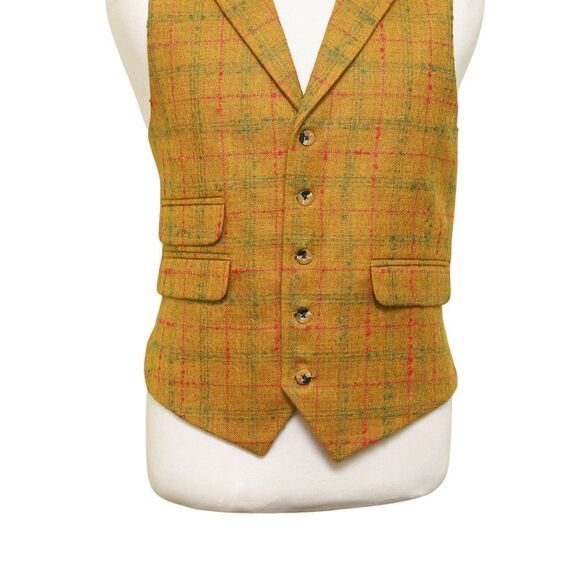 Mens Vest 44R Plaid Yellow Green Red Wool Lapel Waistcoat Formal Wedding Party - Picture 5 of 9